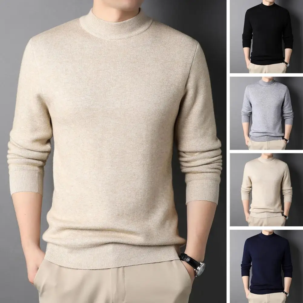 

Ribbed Hem Sweater Stylish Men's Half-high Collar Sweater Slim Fit Soft Warm Knit Anti-pilling Fall/winter Bottoming Top Long