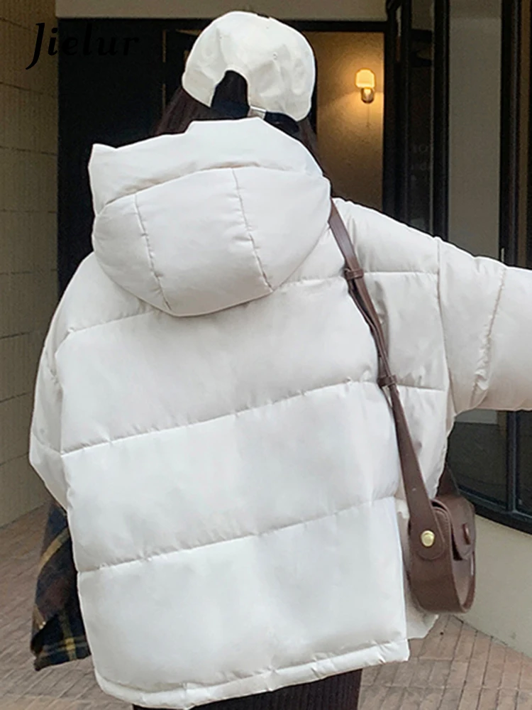 Jielur-Coreano feminino Parkas soltas com capuz, bolsos chiques, monocromático, simples, chique, inverno, básico, escritório, senhoras, moda feminina