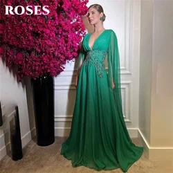 ROSES Green Beach Evening Dresses Embroidery Prom Dress  فساتين السهرة  Chiffion Party Dress For Woman فساتين للحفلات الراقصة