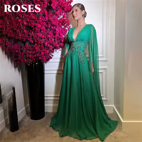 ROSES Green Beach Evening Dresses Shiny Metal Sheet Prom Dress Chiffion Deep V-Neck Party Dress For Woman robe de bal Customized