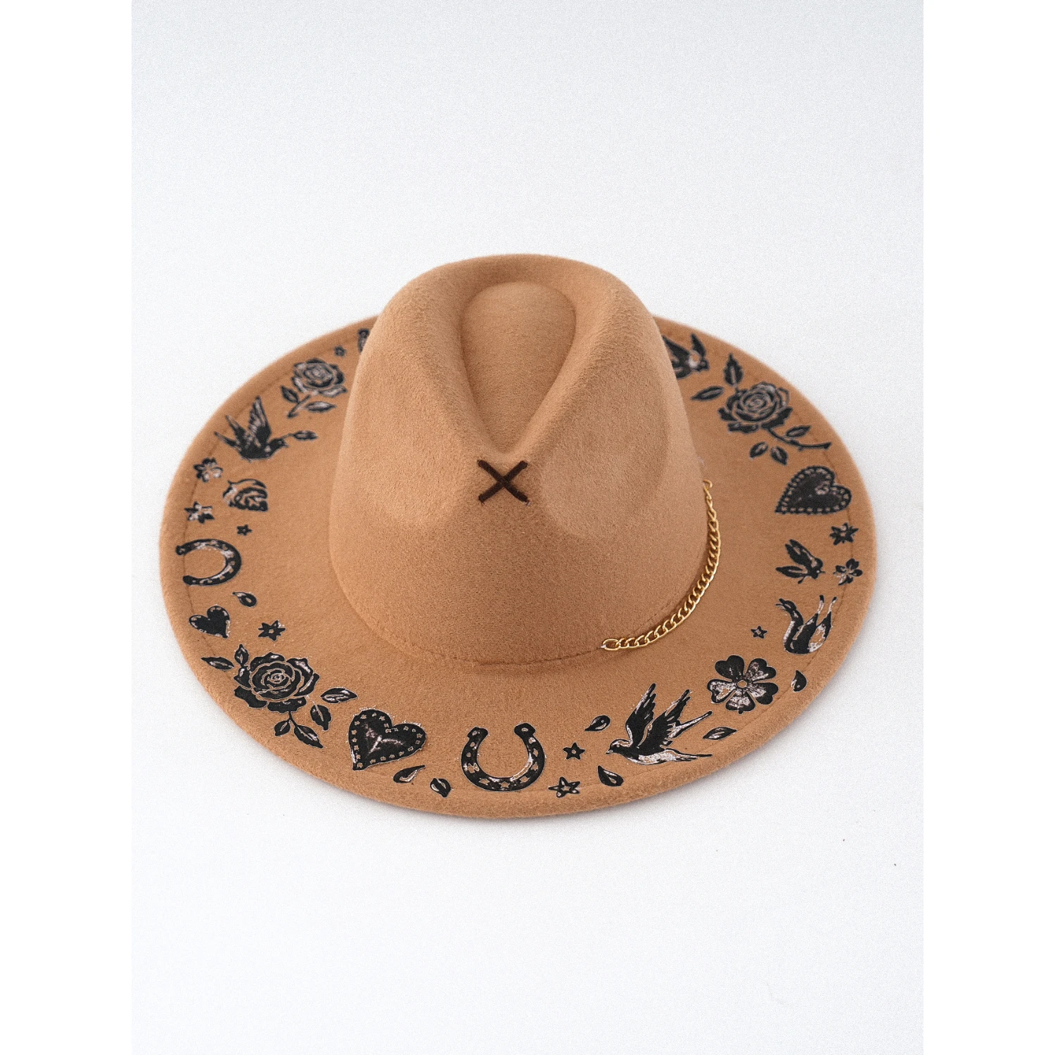 Vintage Camel Fedora Hat for Women Faux Felt Polyester Wide Brim Jazz Caps with Tattoo Graffiti Print Rose Bird Heart Gold Chain - view 6