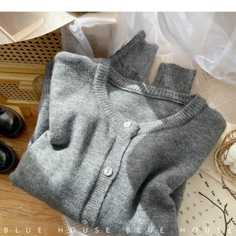 Japanese Vintage Womens Crew Neck Knit Cardigan Soft Warm Fall Winter Outer Sweater