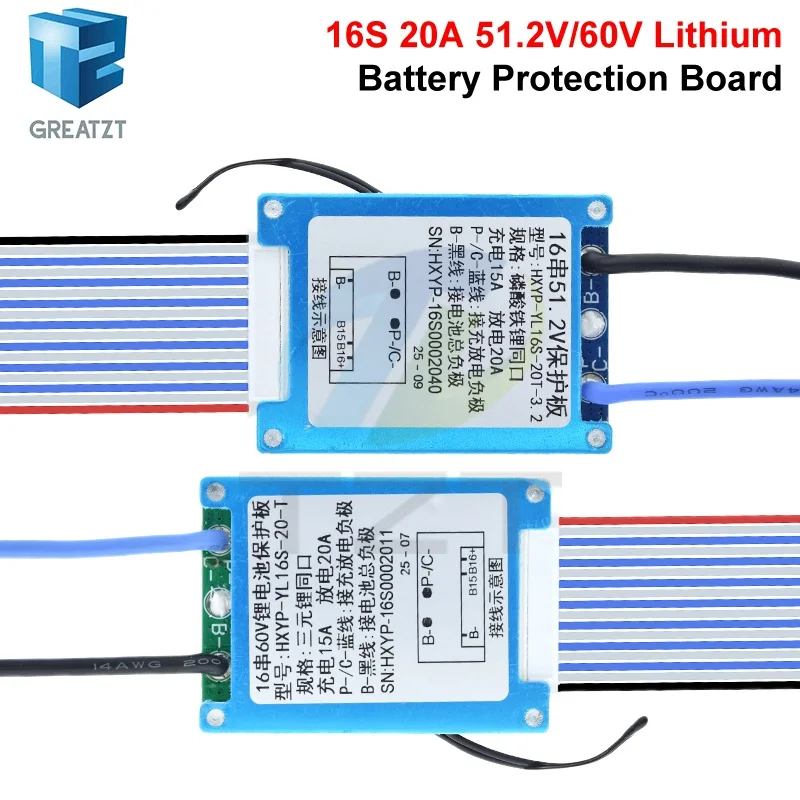 GREATZT BMS 16S 60V 20A Lmo Ternary Li-ion Lithium 18650 Battery Charge Protection Board With Heat Sink With Temperature Control