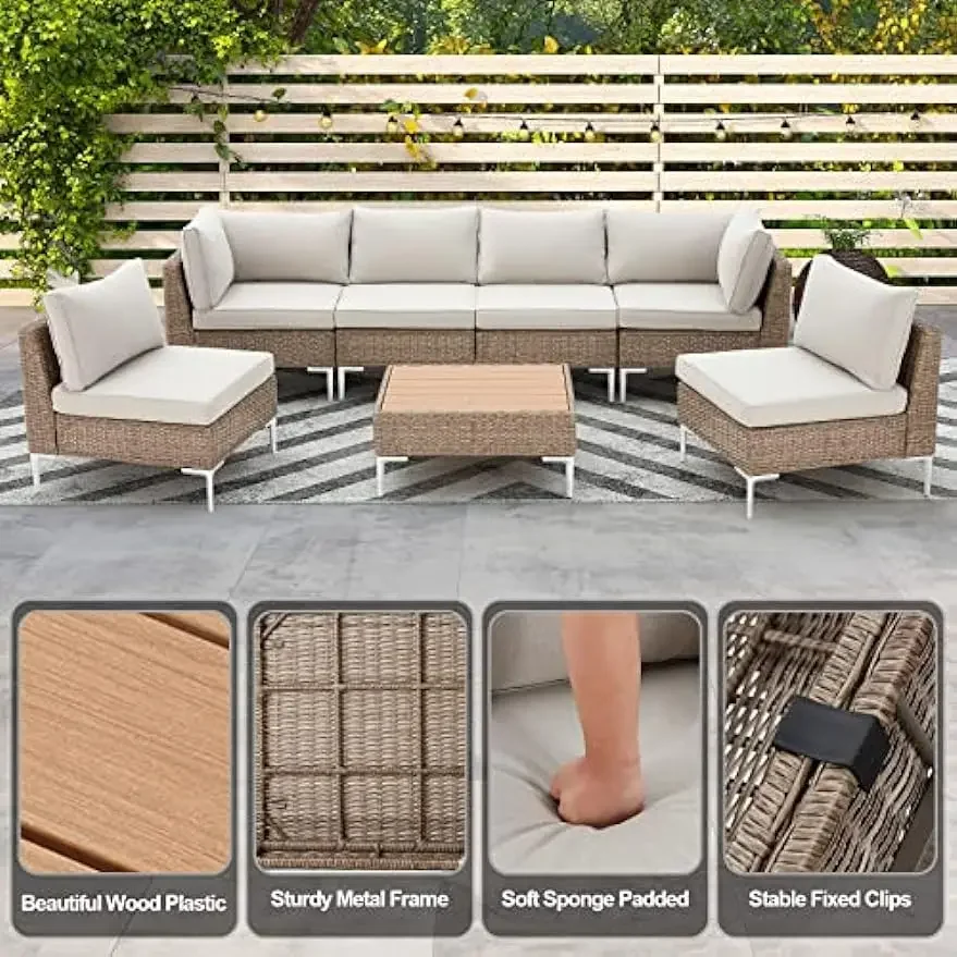 Conjunto de muebles de mimbre para Patio, sofá seccional para exteriores, conjunto de conversación, conjunto de muebles de mimbre medio redondo con cojín, 7 piezas