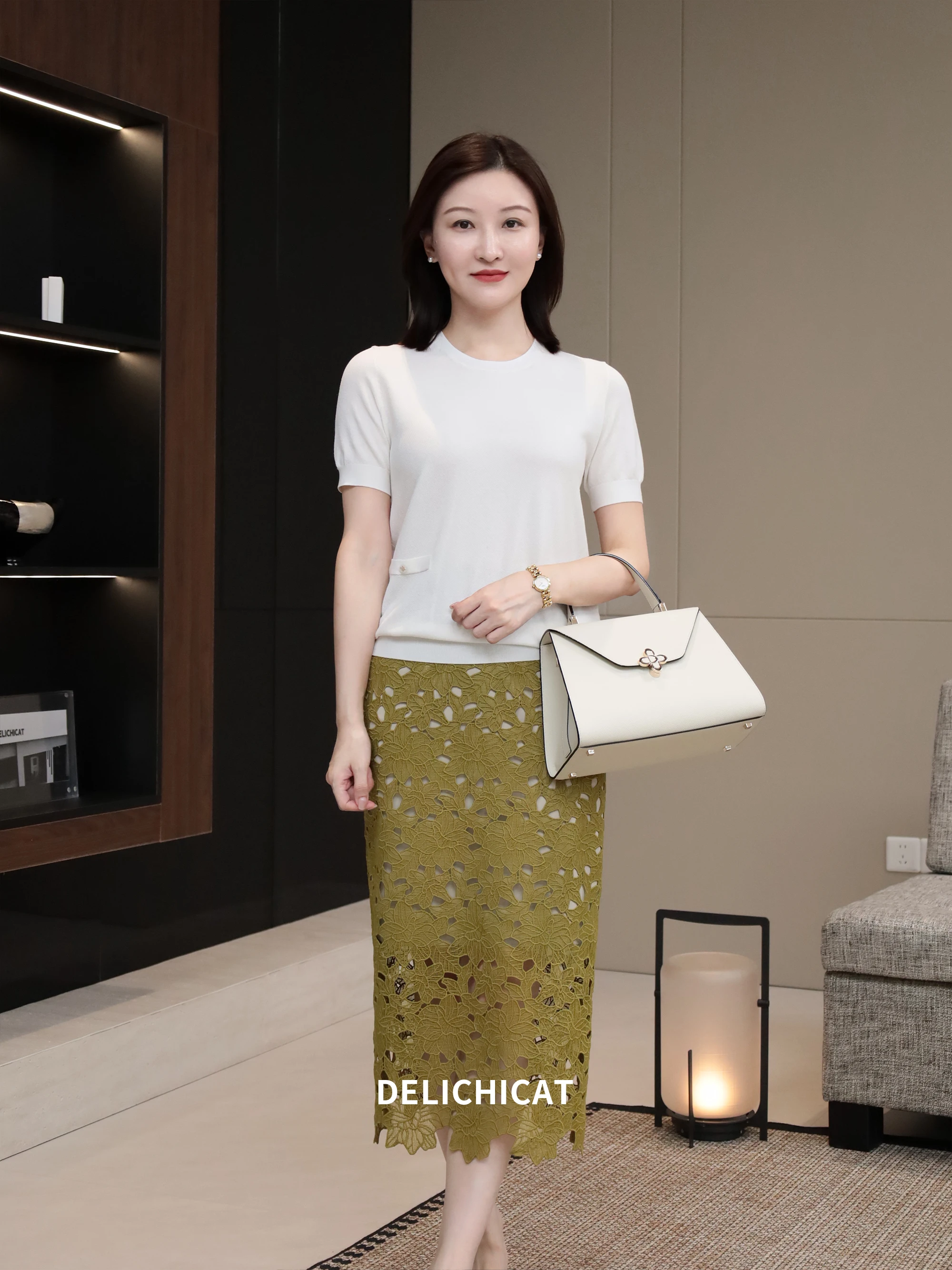 

3D Emed Hollow out Lace High Waist Straight Skirt Chi Commute Ci Women's Faion A-Line Skirt Acetate Fiber