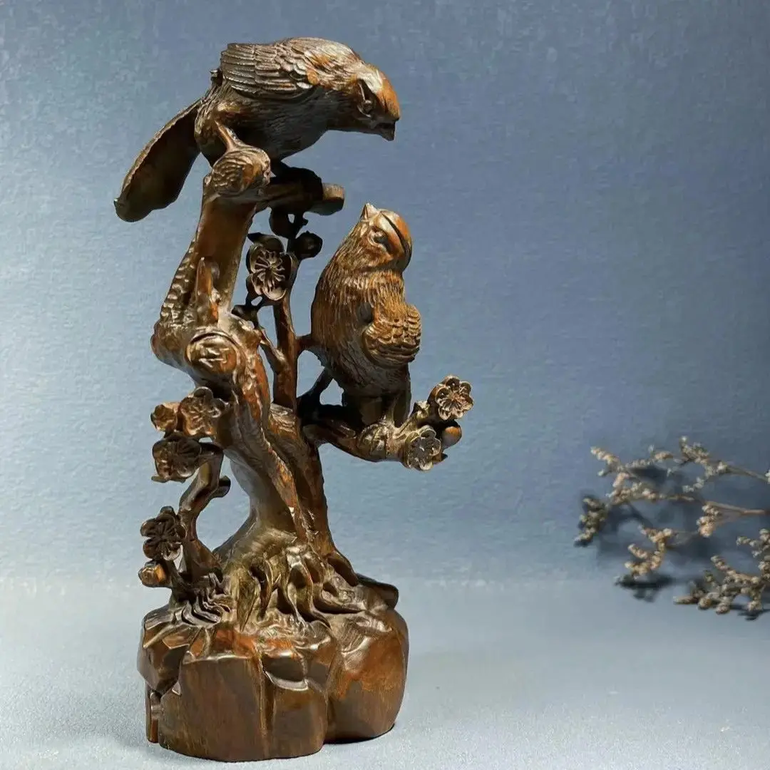 Hand Carved Wood good luck Flowers and birds Statue Figurine Desktop Ornaments Home Decoration