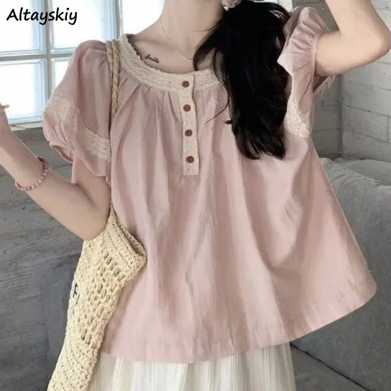 

Sweet Blouses for Women Button Design O-neck Summer Patchwork Lace Fashion Loose Students Lovely Young Korean Style Ins Female