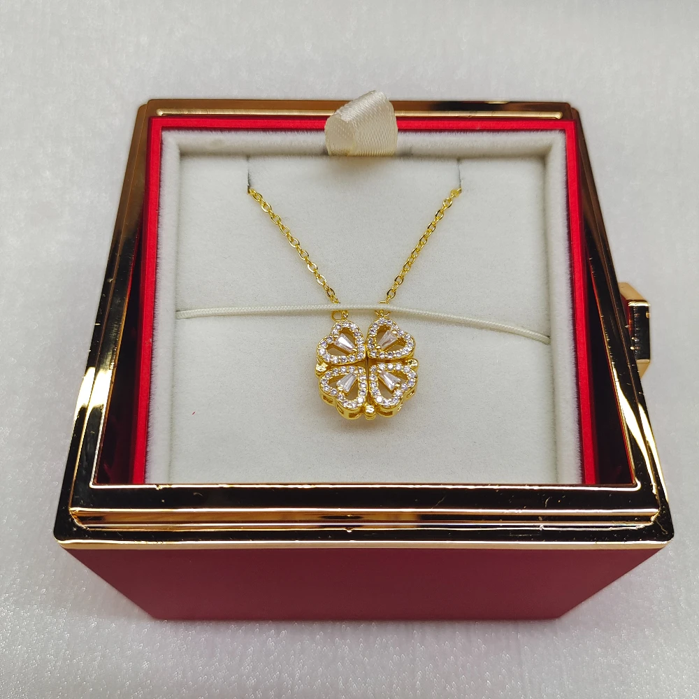 

Rotating Roses Gift Box Clover Zirconia Bracelet Stainless Steel Personalized Pendant Forever Flower Valentine's Day Women Gift