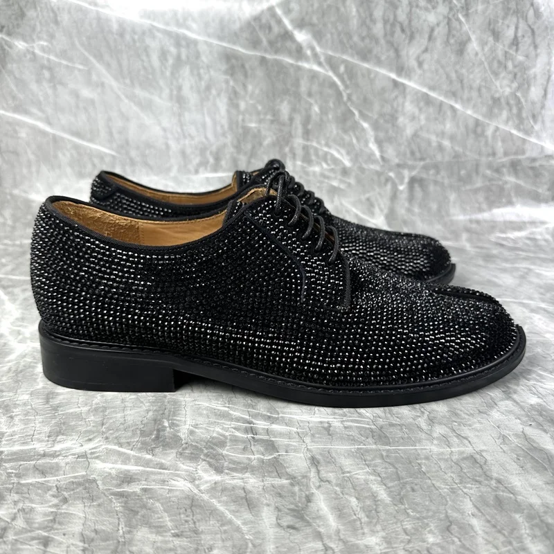 Italian Dress Shoes Black Rhinestone Men Shoes Luxury Split Toe Leather Shoes For Men Fashion Lace-up Derby Mens Crystal Shoes