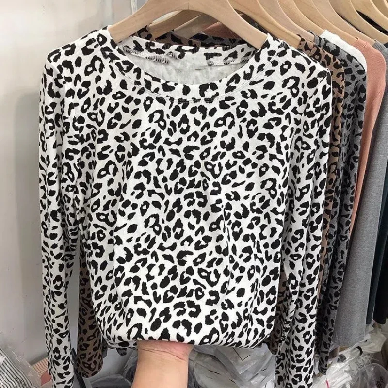 Trend Long Sleeve T Shirts Women\'s Spring Autumn New Leopard Print O-neck Slim All-match Vintage Tops Fashion Casual Clothing