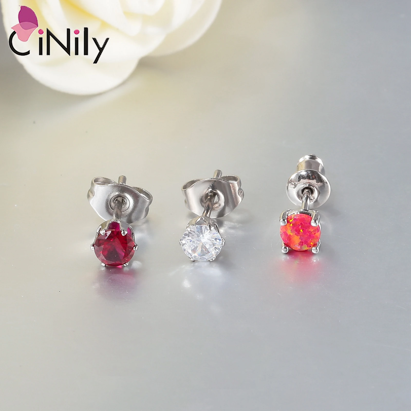 CiNily 3 أزواج من حجر العقيق الأحمر وأقراط تشيكوسلوفاكيا صغيرة مستديرة قرط الاذن المرصع فضي اللون مجموعات مجوهرات الأزياء للنساء الفتيات 4 مللي متر