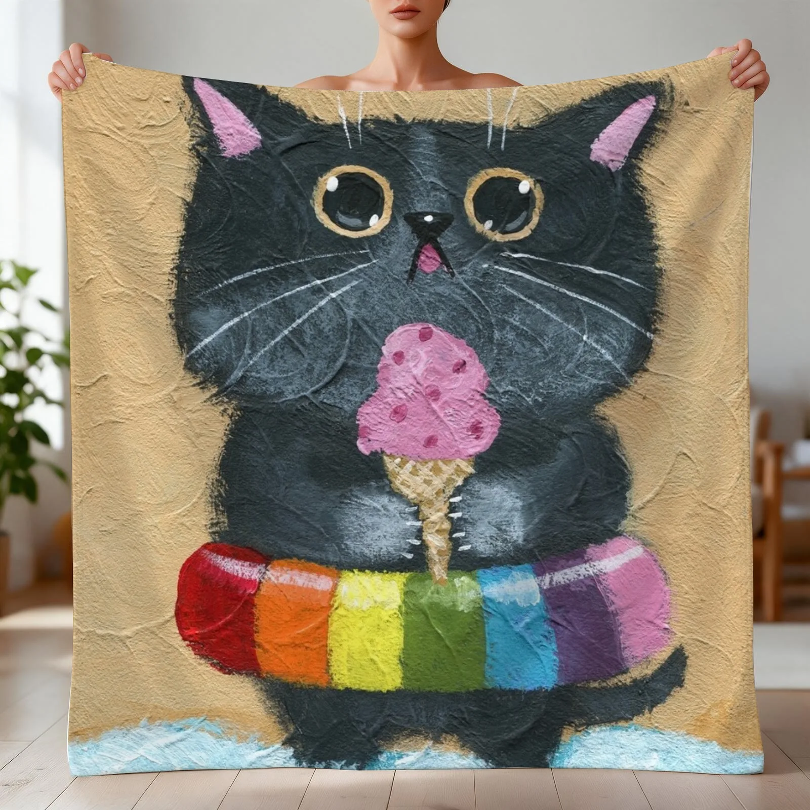 At The Beach, Ice Cream Cat Throw Blanket Plaid Warm Summer Beddings Blankets