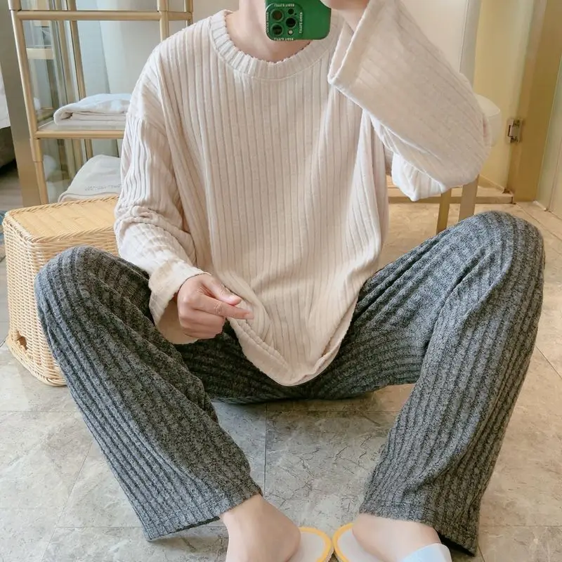 Warm Brushed Long-sleeved Trousers Home Wear Two-piece Suit Pajamas for Men Autumn Winter