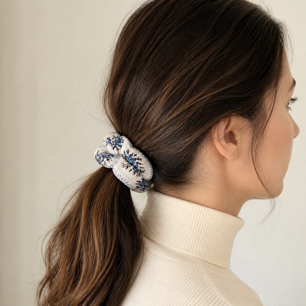 XYPP-93 Handmade Pattern Single-Layer Scrunchie Handmade Elastic Hair Tie for Ponytail and Bun, Soft Gathered Hair