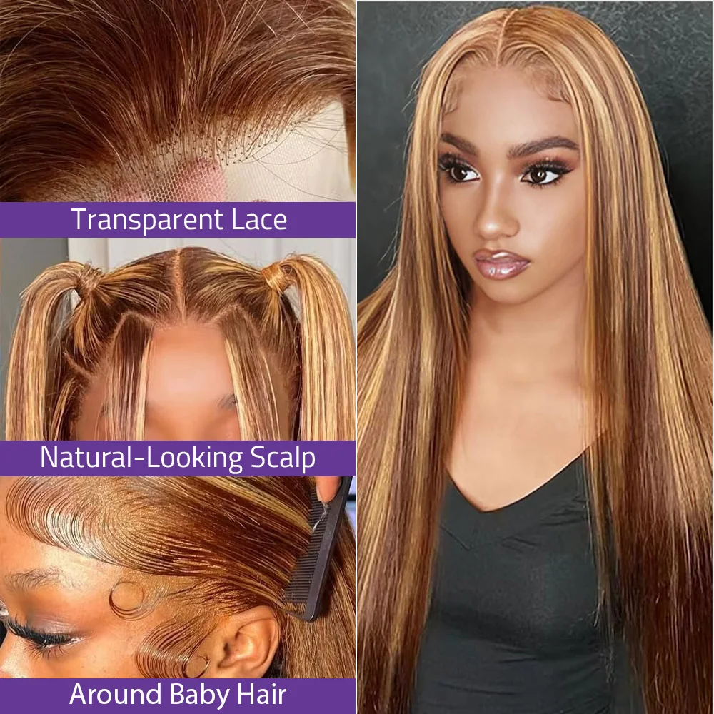 30 36 بوصة HD الدانتيل الشفاف 13x6 أمامي باروكة من شعر طبيعي P4/27 تسليط الضوء على مستقيم العسل شقراء 13x4 الدانتيل الجبهة الباروكات قبل قطعها