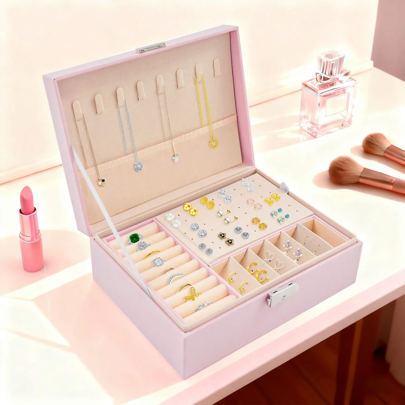 2-lagige abschließbare Schmuckaufbewahrungsbox mit herausnehmbaren Trennwänden, Schreibtisch-Organizer für Ringe, Ohrringe, Armbänder, Halsketten, Broschen, für den täglichen Schmuckaufbewahrungszweck auf dem Schminktisch zu Hause. – Detail 14