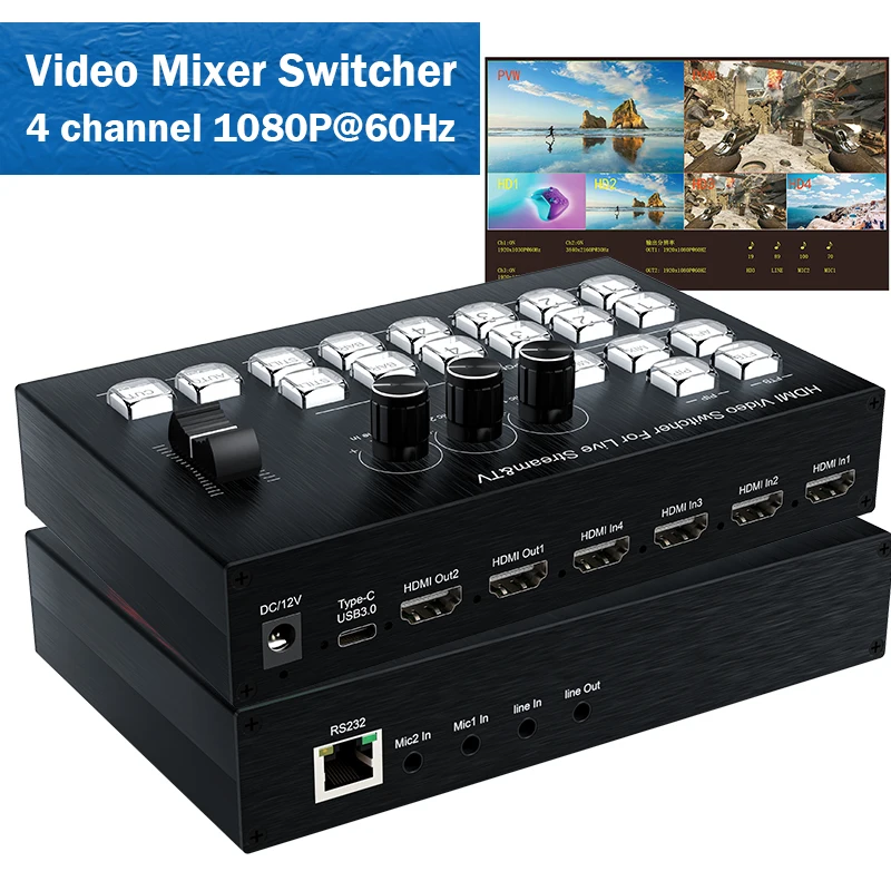 4 Channel HDMI Video Switche Live Broadcast Streaming 1080P Video Mixer Station Live Streaming PGM Seamless Switch 6 Picture PVW