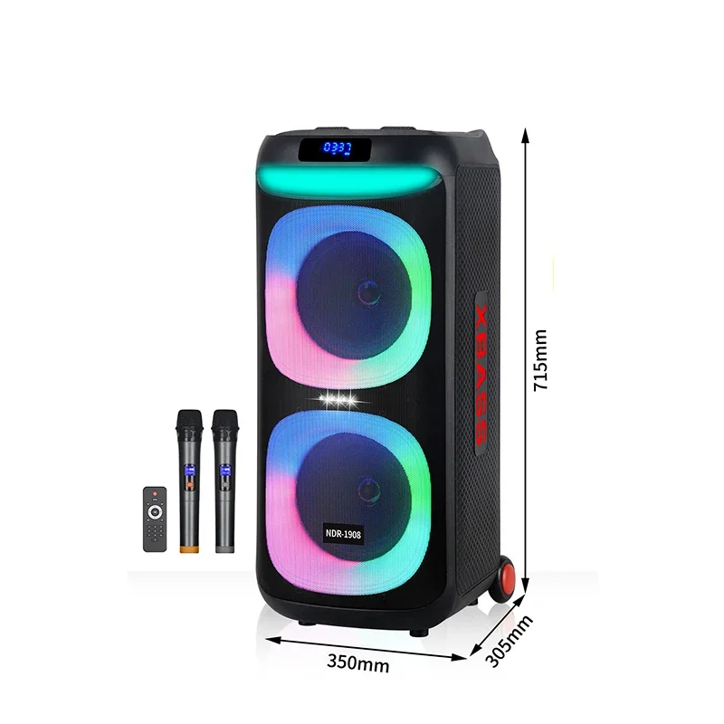 NDR1908 8 inch Active Wireless Blue-tooth Outdoor Karaoke Speaker with 2 Mic RGB Light Stereo Bass HIFI Music Party Speaker