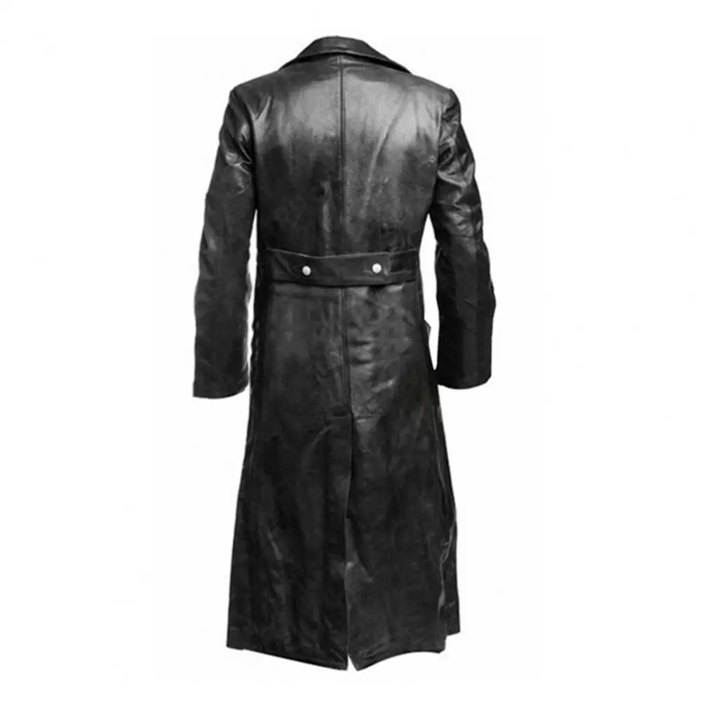 

Faux Leather Jacket for Men Windbreaker Lapel Long Sleeve Double Breasted Mid-length Trench Leather Coat Outerwear