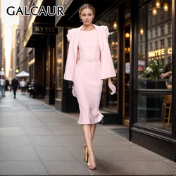 GALCAUR Elegant 2 Piece Sets For Women Lapel Patchwork Appliques Cape Coat O Neck Sleeveless Spliced Belt Mini Dress Set Female