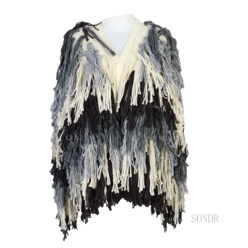 Fringe Gradual Knitted Cardiganwomen Retro Loose Lazy Wind Jacket Sweater Thickened Black Gray White Change Sweater Cardigans