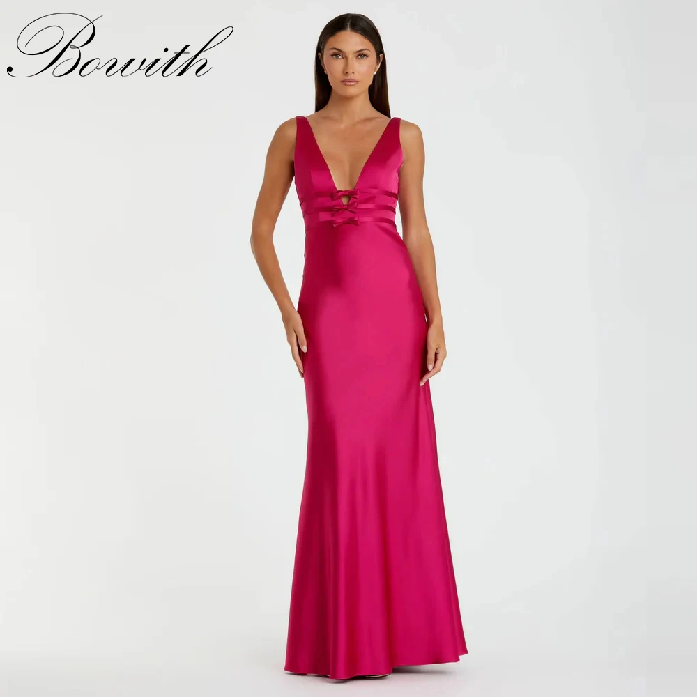 

Bowith Hot Pink Satin Evening Dresses Mermaid Deep V-Neck Bow Sleeveless vestidos de fiesta Women Prom Dresses 2025 Csstomized