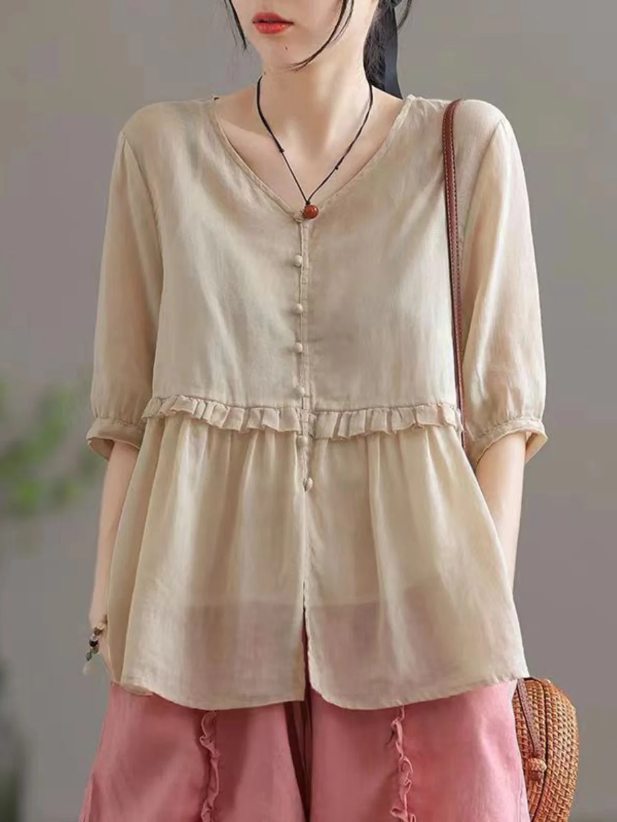 Faionable artístico algodón lino f Sve irt Thin V Ne Overhead talla grande mujer verano Casual Top holgado