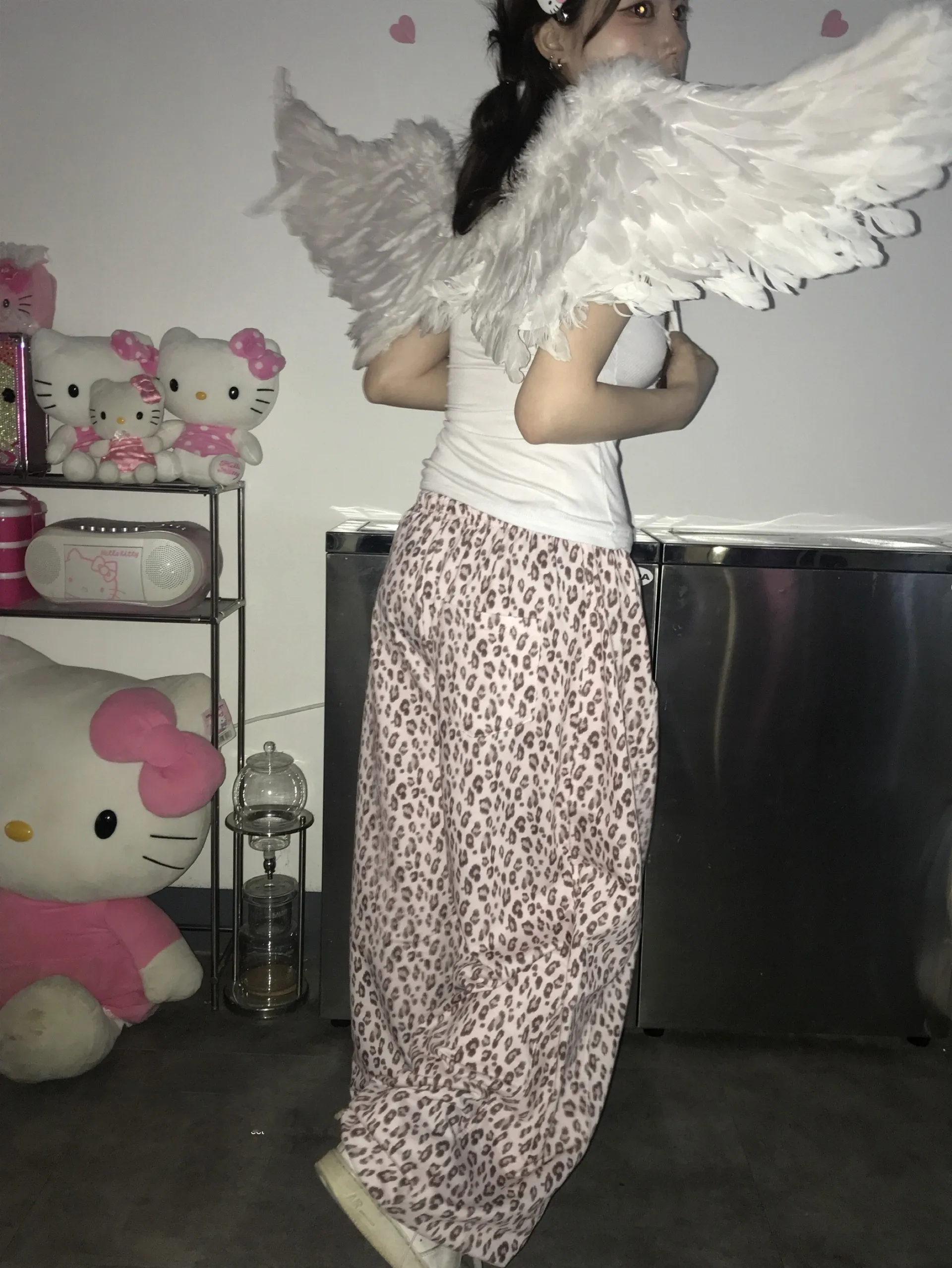 Exclusive Vintage Cream Leopard Print Elastic Waist Drawstring Lazy Wide Leg Sweatpants High Waist Cotton Ladies Trousers