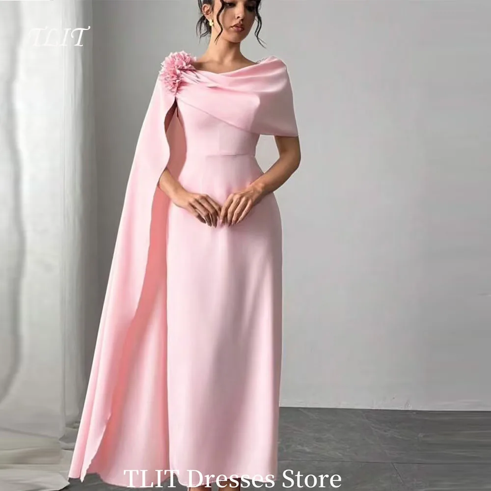 

TLIT Simple Mermaid Evening Dresses One Line Collar Lace Up Back Floor-Length Prom Gowns Customized Flower Chiffon Shawl Gown