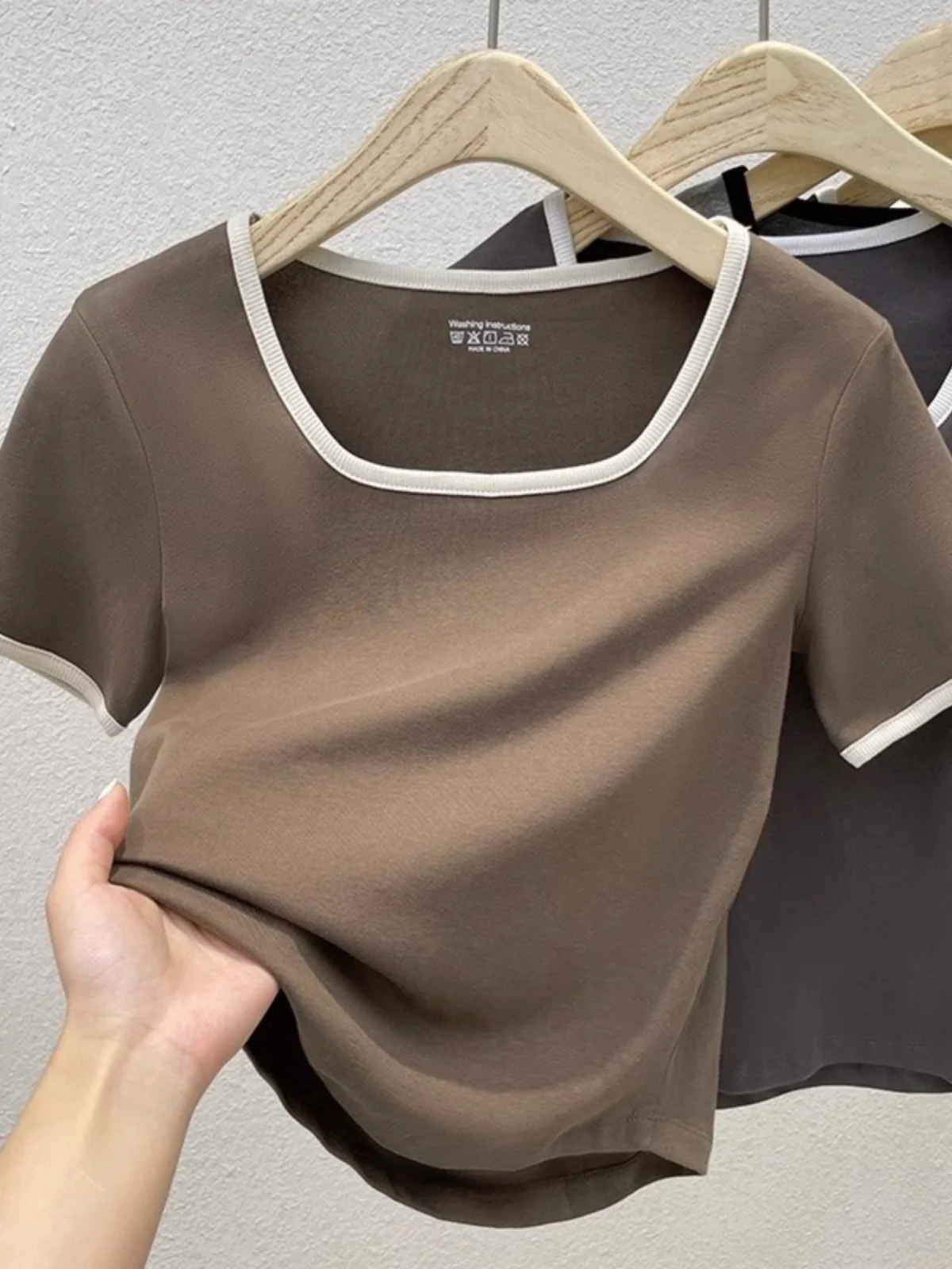 Modal Square Collar Short Sleeve T-Shirt Women's Summer New Color Collision Short Base Body Shirt Slim Fit Shoulder Level Top