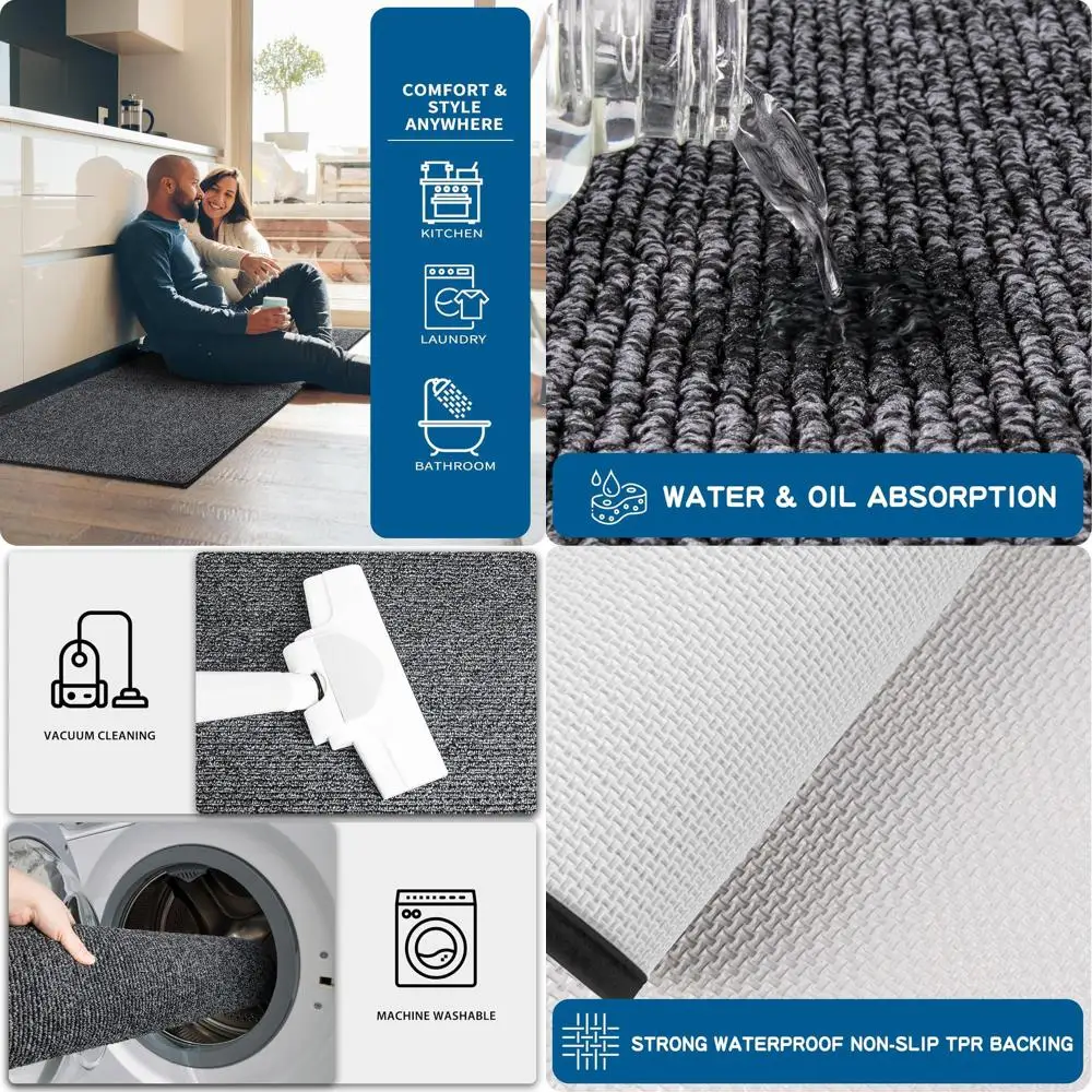 

Set of 2 Machine Washable Kitchen Rugs (24 x 36 & 24 x 60), Non-Slip Mats, Absorbent Area Rugs for Sink, Kitchen, Laundry, Charc