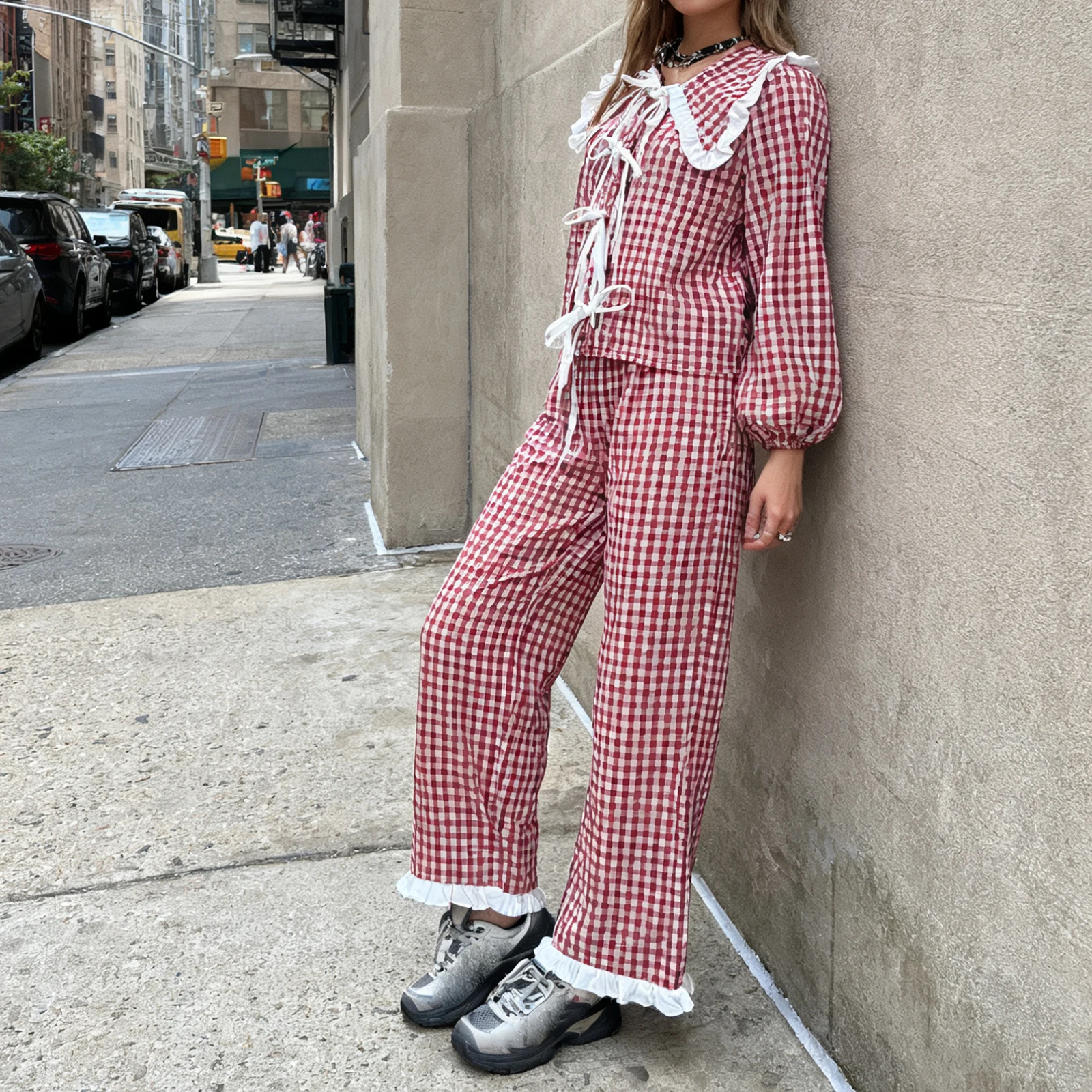 Quality Women's 2 Piece Plaid Lace Patchwork Outfits Long Sleeve Doll Collar Tie Front Tops Wide Leg Pants Sets