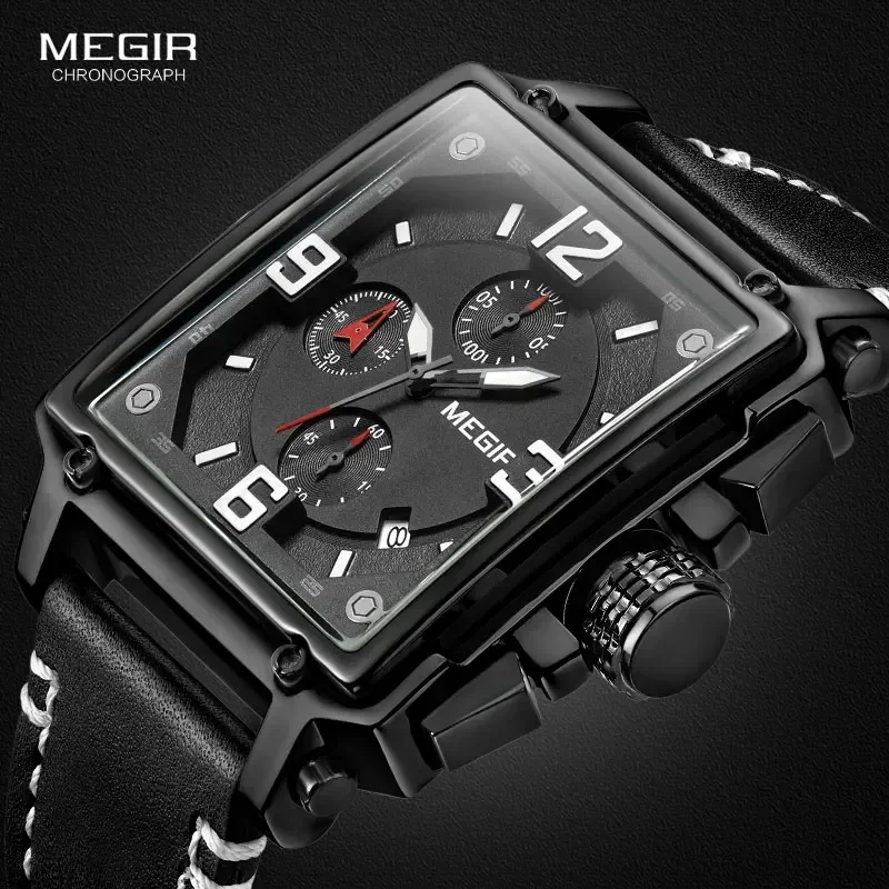 MEGIR Herren Sport Chronograph Armbanduhr für Männer Armee Leder Quadrat Quarz Stoppuhr Uhr Mann Relogios Masculino 2061Schwarz