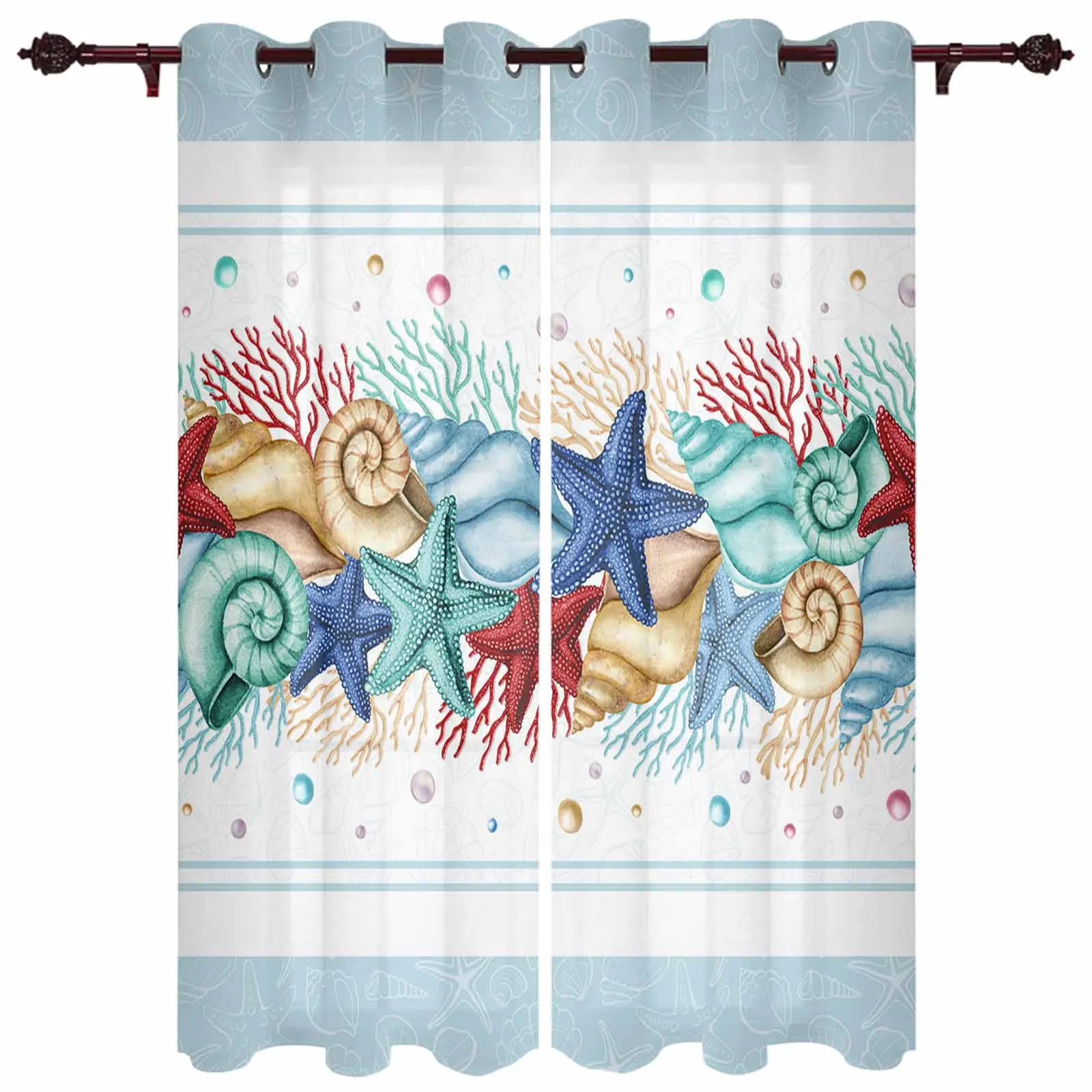 

Summer Ocean Starfish Shell Coral Window Curtains for Living Room Luxury Bedroom Curtain Kitchen Blinds Drapes Curtains