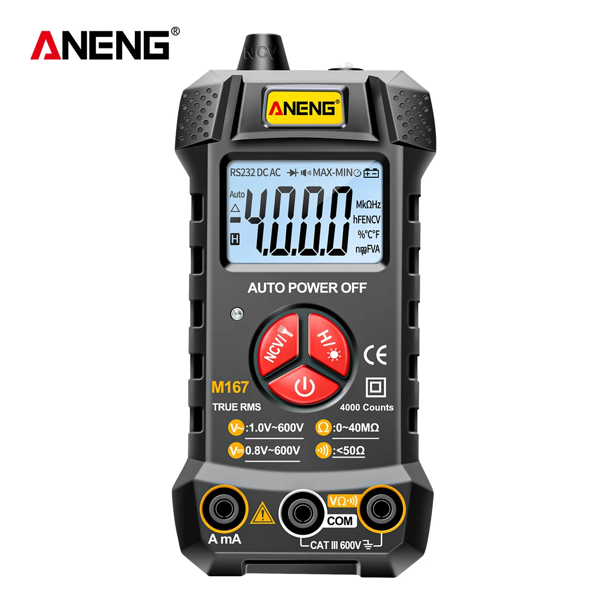 ANENG M167 Digital Mini Multimeter Tester Auto Multimetro True RMS Transistor Meter NCV Data Hold 4000 Counts Flashlight