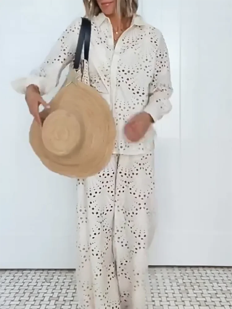 

Women's Lapel Long Sleeve Shirt and Pants Beach Suit Casual Solid Straight Outfits 2025 Spring Summer Hollow Vacation Two Piece