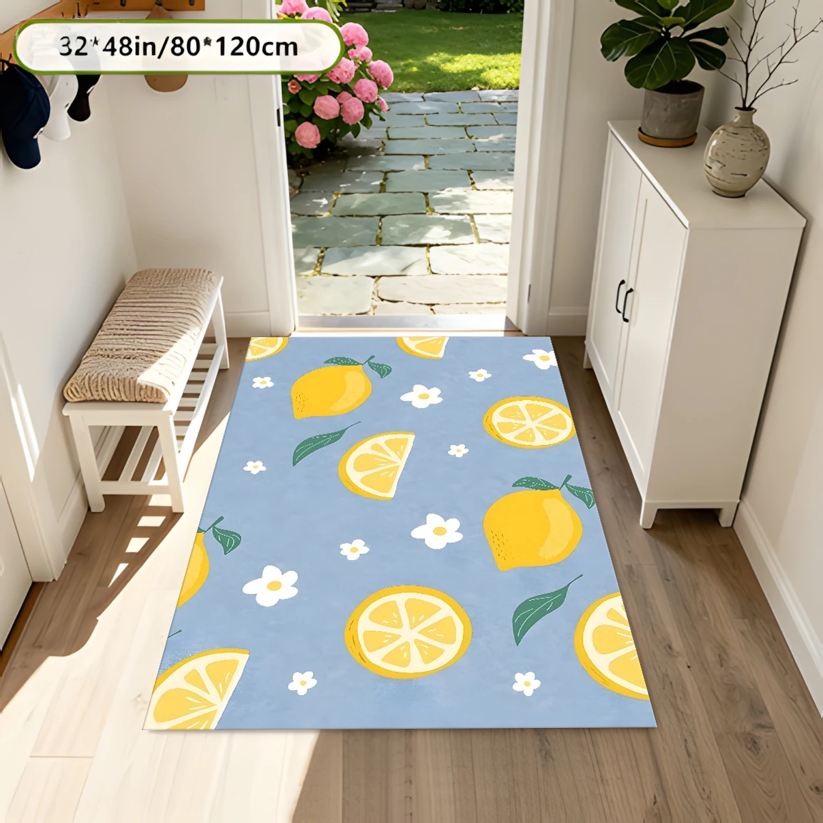 2D Carpet with Fresh Lemon Small Flower Pattern in a Soothing Fresh Style for Living Room, Bedroom, and Bedside