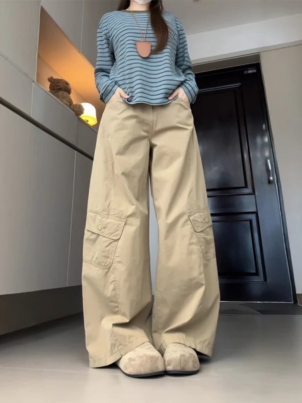 

Khaki Straight Leg Jeans Women's plus Size Loose Wide Leg Pants High Waist Slimming for Pear Shaped Body Commute Style Casual