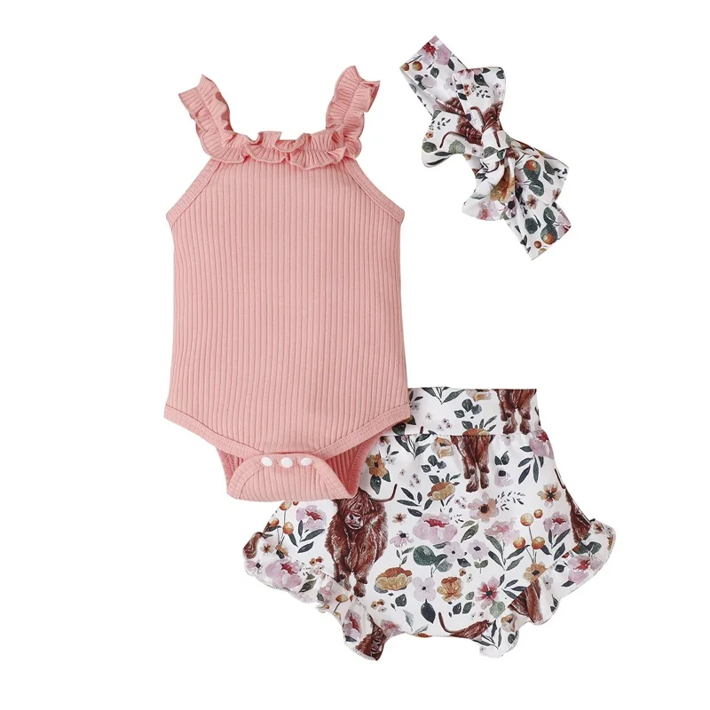 Infant Baby Girls Western Shorts Set 2Pcs Highland Cow Print Outfits Summer Rib Sleeveless Romper Ruffle Shorts Suit