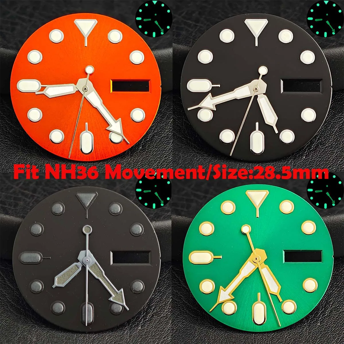 28.5MM Watch Dial Fits NH36 Movement Accessories Dual Calendar NH36 Dial Mechanical Watch Parts Green Luminous NH35 Hands