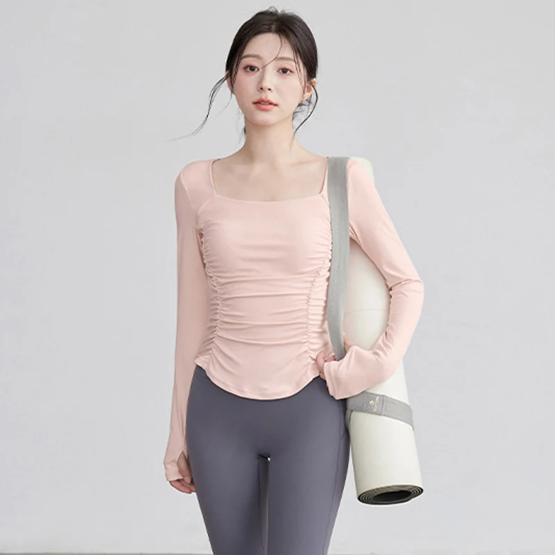 New Long-sleeved Back-slimming Gym Shirts Pleated Waist Elastic Chest-containing Cushion Yoga Pilates Fitness Top Slimming Cloth