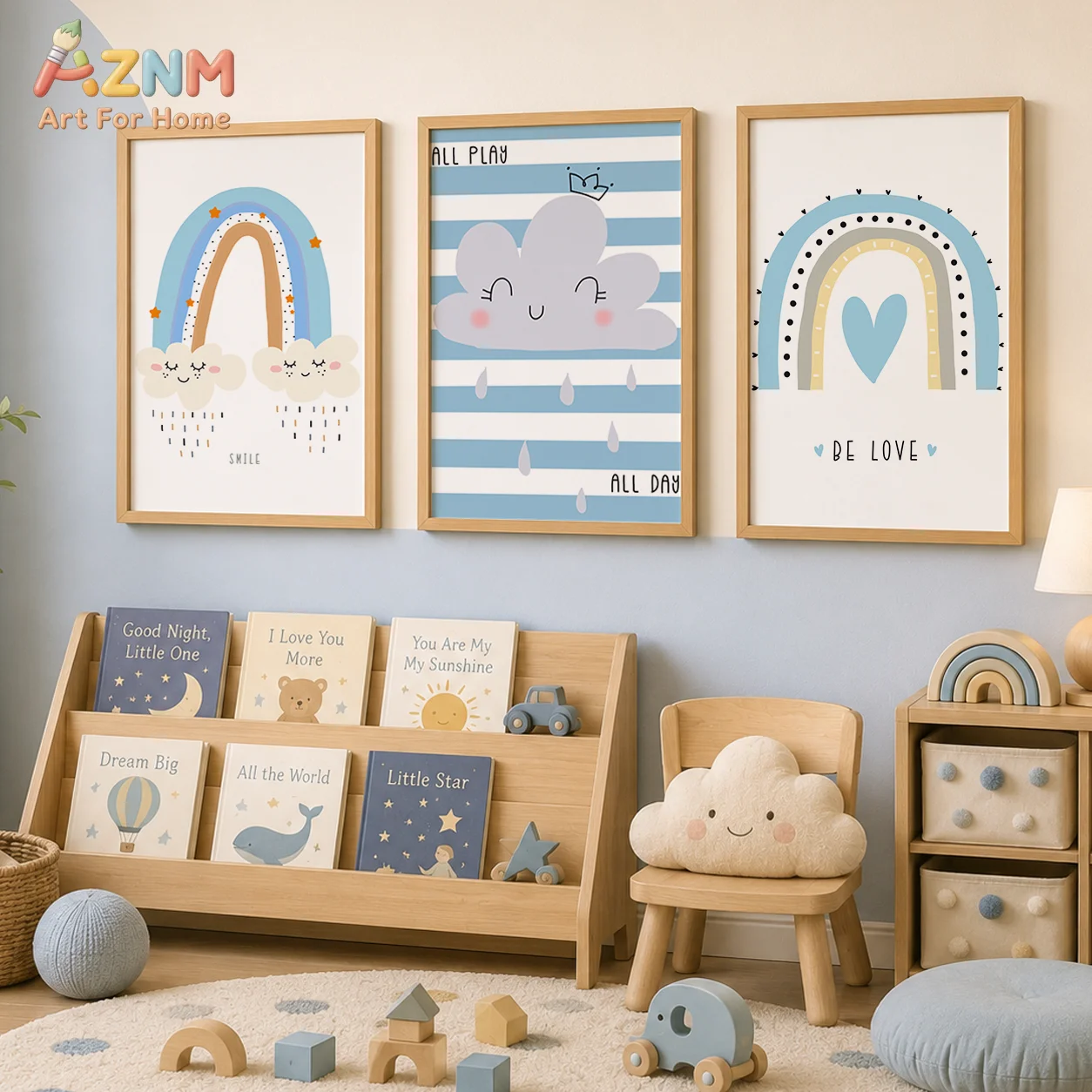 AZNM Unframed Canvas Print Blue Rainbow Cloud Wall Art Minimalist Nursery Kids Room Home Decor Poster
