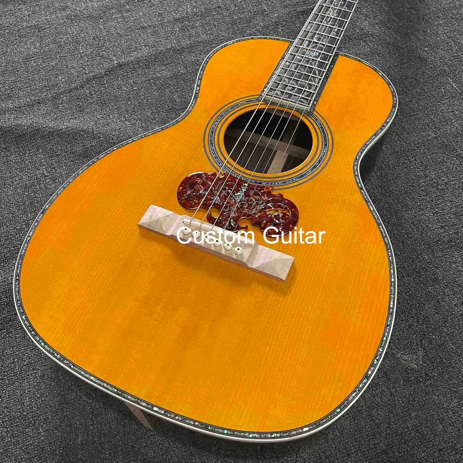 Custom OO Shape Solid Rosewood Back Side Acoustic Guitar in Yellow Finish Slotted Headstock Vintage Tuner