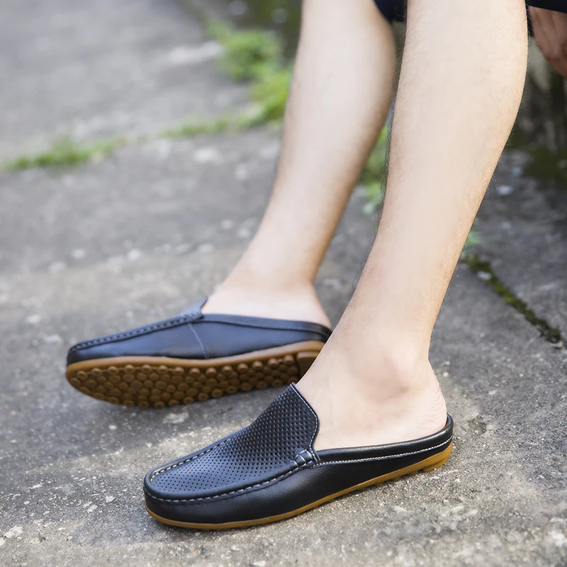 Summer Genuine Leather Slippers Men Casual Loafers Fashion Outdoor Breathable Light Mules Cool Half Shoes Italian Design Sandals