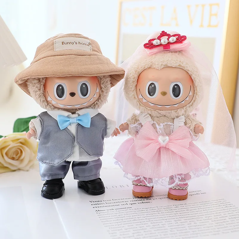 Fashion Wedding Dress Suit For Toy Labubu 17cm The First And Second Generation Key Chain Toy Clothes Hat Shoe Only Dress No Toy
