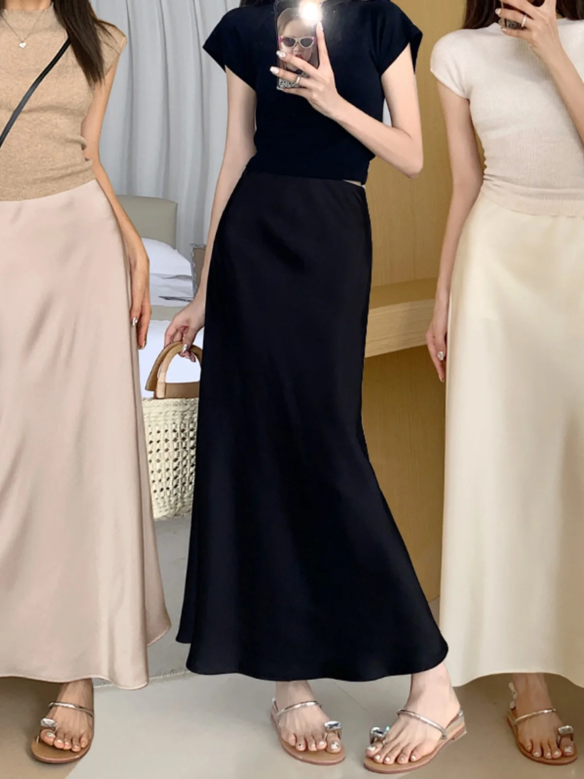 Autumn 2024 New High Waist Slimming French sle Retro Satin Sheath Fishtail Skirt Long dress Female Fashion