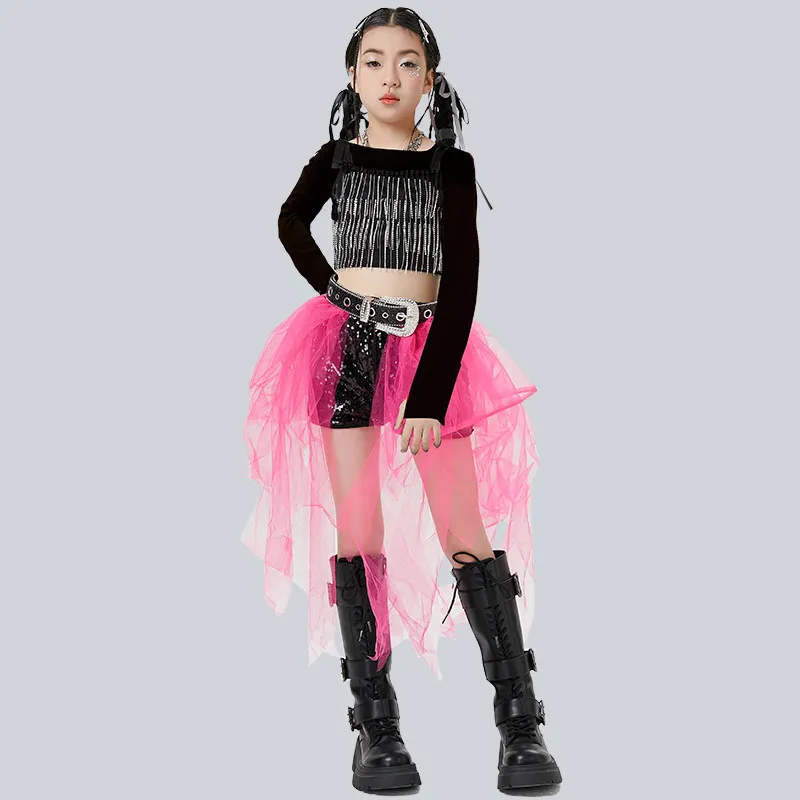

2026 Children Jazz Dance Performance Costumes For Girls Black Tops Pink Mesh Shorts Outfits Hip Hop Dance Rave Clothes XH4020