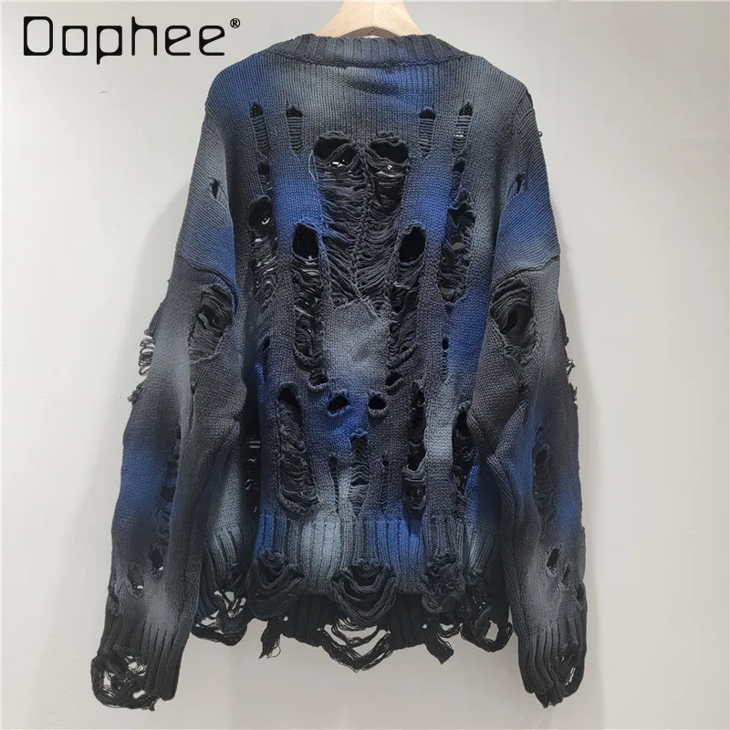 Harajuku Style Street Personality Ripped Hollow Sweater Women Korean Fashion Pin Round Neck Knitted Long Sleeve Pullover Autumn