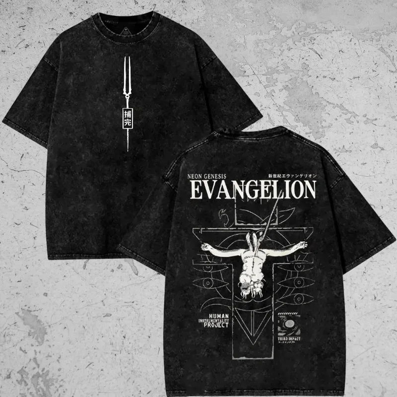 Neues Century Evangelion Themen-Retro-Washed-Shirt Herren Washed Y2K T-Shirt Sommer Neuer Anime-Stil Unisex