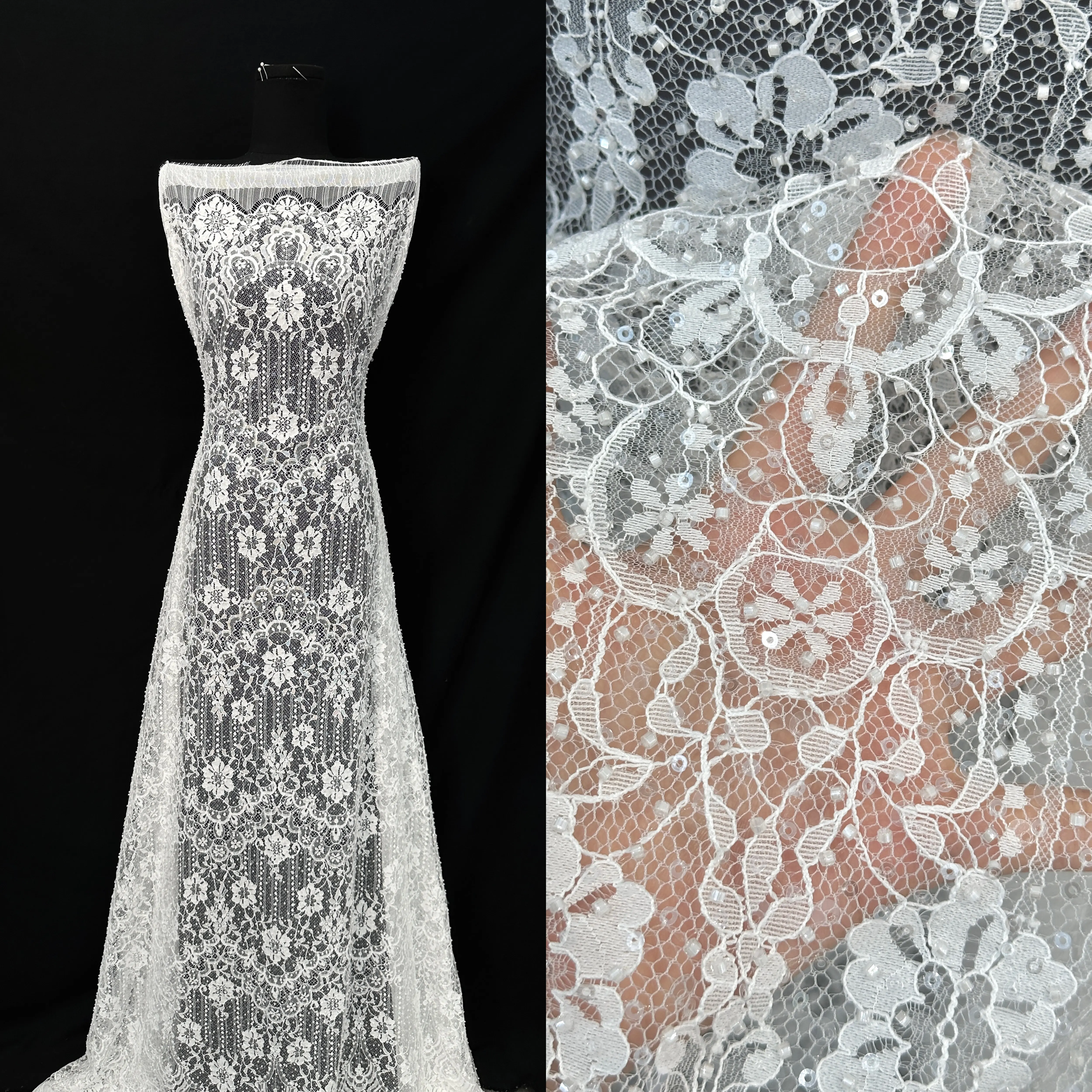 Tela de encaje con cuentas y lentejuelas hechas a mano, 3,3 yardas, bordado, encaje francés, vestido de novia, tela de tul bordada